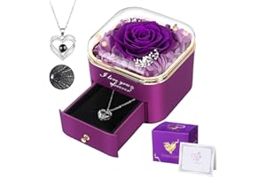 Firestyle Preserved Purple Real Rose with I Love You Necklace in 100 Languages-Eternal Flowers Rose Gifts for Her Women Mum Wife Girlfriend on Christmas Valentines Day Mothers Day Anniversary Birthday