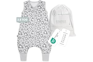 emma & noah Baby Schlafsack mit Füßen 2.5 TOG, Strampelsack für den Herbst und Winter, Bio-Baumwolle, Oeko-TEX Zertifiziert, Kuscheliger Schlafsack für Neugeborere (Leo Grau, 80 cm)