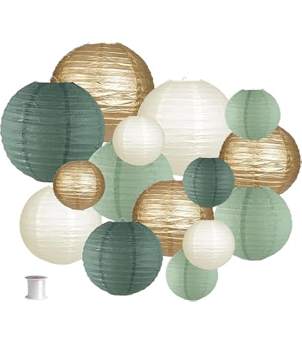 Lot De 15 Lanternes En Papier Rondes Vert Sâge & Doré - Décoration Pour Mariage, Anniversaire, Jardin, Fêtes