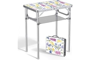 Anbte 2ft Folding Camping Table Max 70cm, 3 Adjustable Height Picnic Table with Storage Net Lightweight & Portable with Carry Handle, for Outdoor Indoor Camping Beach BBQ RV, Blooming Floral