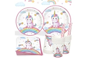 Heboland Unicorno Party Kit Compleanno,125pcs Articoli per la Tavola Unicorno Feste Set Piatti e Bicchieri per Feste di Compleanno, Tovaglioli, Cannucce Decora Festa di Compleanno per Bambini Ragazze