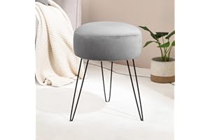 LUE BONA Samt Runde schminktisch Stuhl,Make-up Eitelkeits schminkhocker,Ottomane gepolstert Hocker Metallbeine unterstützen, Grau