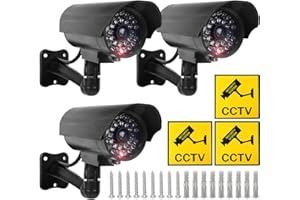 Sporgo Cámara falsa de vigilancia 3 piezas: Cámara de vigilancia falsa exterior con luz LED roja intermitente, cámara falsa de vigilancia falsa para interior y exterior (Negro)