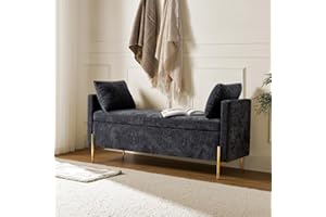 HULALA HOME Modern Storage Bench Ottoman with Arms & Metal Legs, Chenille Fabric and Upholstered Cushioned Adjustable Subdivided Box for Entryway Bedroom Living Room, BLACK