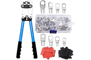 JUTYUM Alicates de Terminals Herramienta de CrimpadoAWG 10-0, 6/10/16/25/35/50 mm² con 60 unidades de terminales de anillo de cobre + 60 unidades de tubo termorretráctil con mango antideslizante