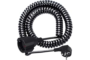 PABANCE Schuko Cable de extensión en Espiral con 1 Toma Schuko (Contacto de protección de 3 m), Cable Espiral Extensible de 0,9 m a 3 m máximo, 230 V, 16 A, IP20, Color Negro