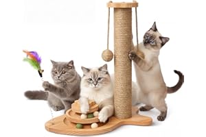 KDULPG Multifunctional Cat Scratching Post – Scratching Post for Indoor Cats with Widened Solid Wood Base, Two Sisal Rope Balls, Interactive Track & Spring Feather Toy, 43cm Tall.