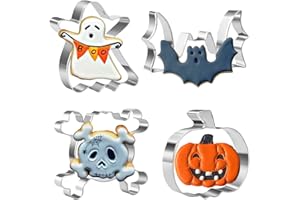 Crethink 4 Pieces Halloween Cookie Cutters Set for Baking - Ghost,Bat,Pumpkin and Skull,Round Shape Stainless Steel Holiday Biscuit/Pastry Cutter