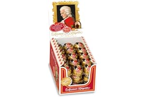 ‎REBER Reber Mozart-Kugeln, 45er Aufstellkarton, Kugeln aus Zartbitter-Schokolade, Gefüllt mit Pistazien-Marzipan, Mandeln und Haselnuss-Nougat, 900g (45 Stück)
