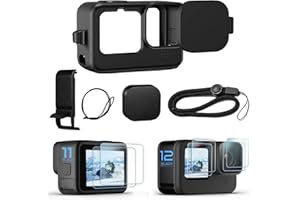 OKFUN Juego de protección para Go Pro Hero 12/11/10/9 negro, funda de silicona + tapa de lente de silicona + protector de pantalla + tapa lateral de batería compatible con Go Pro Hero 12/11/10/9