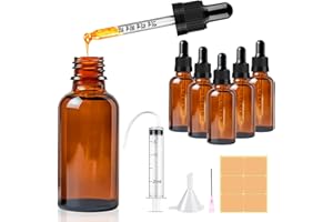 CoKeeSun 5 Stück 30ml Glasflasche mit Pipette, Wiederverwendbar Pipettenflasche, Braunglasflasche Apothekerflasche mit Trichter, Spritze, Etikett für Ätherische Öle Aromatherapie-Düfte