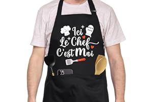 FUKPO Tablier Cuisine Homme Personnalisé Noir, Réglable Tablier Personnalisé Humour Drole Rigolo Barbecue Bbq, Tablier de Cuisine Professionnel Coton Cadeau Fete Des Peres Saint Valentin Noel Papa