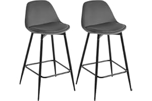 Klihome Sgabelli da Cucina, Sgabelli da Bar Set di 2, Sgabelli da Bar per Colazione con Schienale, con Sedile in Velluto Imbottito e Struttura in Metallo con Poggiapiedi, Grigio scuro,K0005BH-2