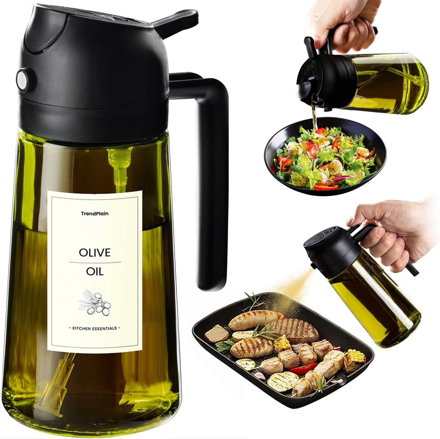 TrendPlain Spray Huile Cuisine 470ml – Vaporisateur Huile Air Fryer 2-en-1 pour Cuisson, Salades, Vinaigre et Accessoire Cuisine (Noir-1)