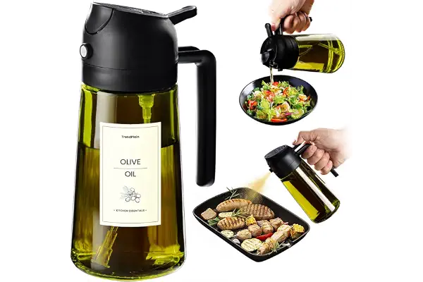 TrendPlain Pulverizador Aceite Spray 470ml - 2 en 1 Spray Aceite Cocina, Dispensadora para Freidora de Aire, Ensaladas, Vinagre y Accesorios Cocina (1 unidad, Negro-1)