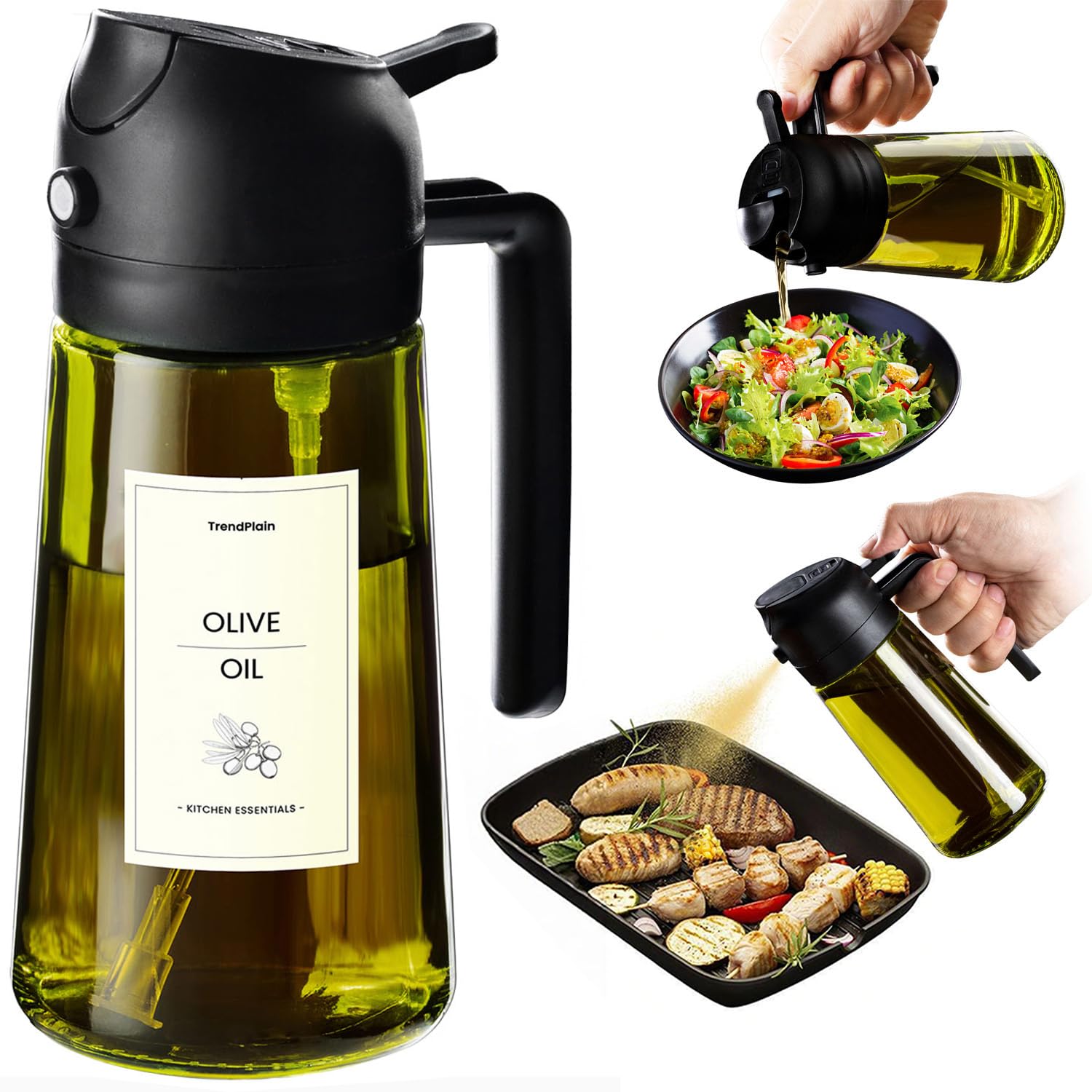TrendPlain Spruzzino Olio per Friggitrice Aria 470ml, Dosatore Olio 2 in 1, Oliera Spray per Cucina, Insalata e Aceto, Accessori Cucina senza BPA (Nero-1)