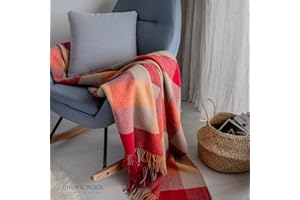 Linen & Cotton puszysty miękki ciepły koc wełniany, kolorowy, w kratkę, koc do mieszkania, koc do przytulania Bolivia - 100% czysta wełna z Nowej Zelandii, kremowy, czerwony, pomarańczowy (130 x 170 cm), narzuta na sofę, narzuta z czystej wełny