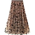 SotRong Womens Overlay Layered Tulle Skirt Elastic High Waisted A-Line Midi Skirts Mesh Chiffon Pleated Dress with Flower Decoration