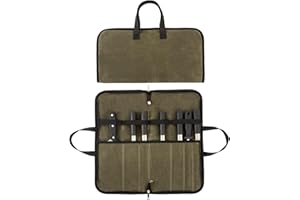 HYUXNT Chefs Knife Roll Bag, 16OZ Waxed Canvas Knife Bag, Portable 7 Slots Knife Case, Multi-function Cutlery Knives Pouch Holder Knife Wrap Wallet Storage Bag for Home Kitchen Traveling Camping (Army Green)
