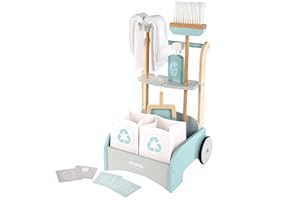 WOOMAX 49298 - Reinigungswagen für Spielzeug, Holzwagen, Mopp und Kehrschaufel, Kinderreinigungswagen, Haushaltsspielzeug, Holzspielzeug, 10-teilig, +3 Jahre