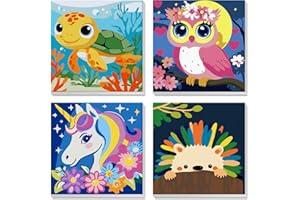 DAERLE 4 Pack Paint by Numbers for Children with Wooden Frame, Cute Turtle, Owl, Rainbow Unicorn, Cartoon Hedgehog, DIY Paint by Number for Kids Ages 4-8-12, Easy Kids Paint for Home Wall Decor 20X20 cm