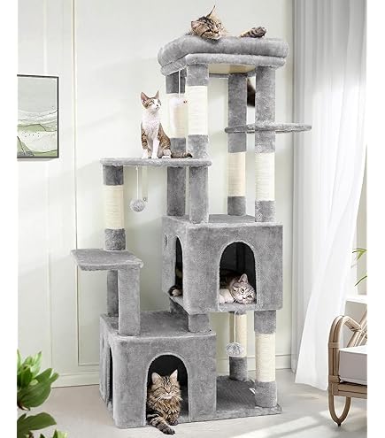 tectake® - Kattenkrabpaal - Krabpaal, Klimboom, 141 cm Hoog - Kattenhuis voor Binnen met Hangmat - Grot, Speeltouw en Trap - Pluche Sisal - Kattenkrabmeubel met Speelgoed, Extra Breed - Wijnrood