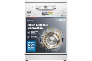 Bosch 14 Place Setting Free Standing Dishwasher for Indian Utensils, WiFi Enabled, Intensive Kadhai Program, Inbuilt Heater, Fits Up to 80 Utensils, White (SMS6IKW01I)