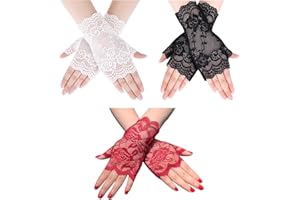 BEIBXHQQ 3 Pairs Ladies Lace Satin Fingerless Half Finger Party Dance Gloves - Red, White, Black