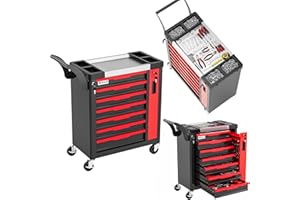 AIRAJ 7-Drawers Tool Chest, Lockable Tool Box on Wheels,Tool Cart with Hidden Side Cabinet, Heavy-Duty Metal Tool Cabinet, for Garages, Workshops, Warehouses,Red and Black.