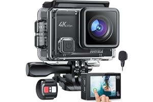 SURFOLA Caméra Sport 4K 60FPS - 24MP WiFi Caméra Étanche avec Écran Tactile, Microphone Externe, Télécommande 2.4G, Appareil Photo avec EIS Stabilisateur, 2X 1350mAh Batteries et Kit d'accessoires
