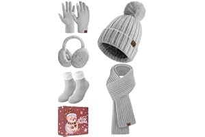 heekpek Hat and Scarf Set for Women 5 PCS Winter Set Knitted Beanie Hat Earmuffs Long Scarf and Touch Screen Gloves Thermal Socks Gift Set for Winter Skiing Outdoor Sports