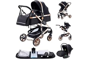 YAZOCO Pram 3-in-1 Buggy Baby Bed Complete Set One Click Foldable Pram Combination Pushchair Aluminium Frame for Newborns