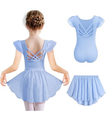 untlet Kinder Ballettkleding Ballettjurk voor Meisjes met Korte Mouwen Katoen Balletpakje Balletaanpak Dansjurk met Tule, Wit, 110