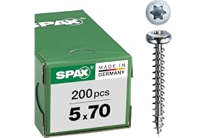SPAX Universalskruv, 5,0 x 70 mm, 200 stycken, T-STAR plus, halvcirkelhuvud, full gänga, 4CUT, WIROX A9J, blank galvaniserad