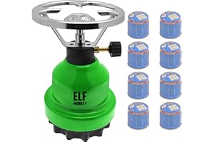 ELFMONKEY Hornillo de camping E190 | Set de cocina de gas de metal y cartucho de gas de Stechgas | estufa de gas | 1 foco | exterior, ocio, senderismo, picnic modelo: verde + 8 cartuchos de gas