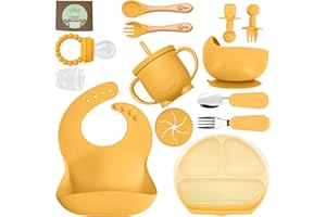 O'doe Baby Led Weaning Feeding Supplies for Toddlers, Baby Feeding Set (17 Pcs) | Suction Silicone Baby Bowl Self Eating Utensils with Spoons, Cup, Bibs, Food Plate Kit with Lid (Yellow V2)