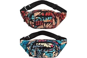 AXVOOMA 2 Pcs Bumbags, 35 * 3.5 * 14Cm Leaves Pattern Waterproof Oxford Cloth 3 Zip Pockets Fanny Pack Fashion Bum Bag with Adjustable Belt for Sport Running Hiking Travel Cycling Walking Dog Men Women