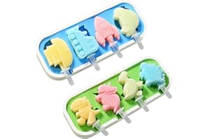 Volumoon 2 Stück Eisformen, DIY Ideen Eis am Stiel BPA Frei, Dinosaurier Fahrzeugformen, Wiederverwendbar Formen Eiscreme, Eisformen Eis am Stiel für Gelee, Kuchen, Süßigkeiten(Grün + Blau)