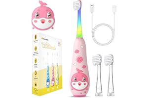Teeteck Cepillo De Dientes Eléctrico Para Niños – Cepillo De Dientes Sónico Para Niños De 1 a 6 Años Con Luz LED Arcoíris, Con 2 Cabezales De Cepillo, Cable Magnético Carga USB, IPX7 Resistente Rosa