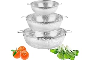 KNOWING Scolapasta in Acciaio Inossidabile, Colino in Rete con Manici, Colino Scolapasta da Cucina in Rete, Scolapasta in Rete con Manici, Scolapasta Microforati, per Pasta Verdura Frutta (16,5/19,5/22,5 cm)
