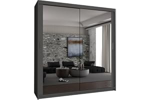 MN Furniture Houston Double Mirror Space Saving Bedroom Sliding Door Wardrobe 100cm/120cm/150cm/180cm/203cm (Grey, 203cm)