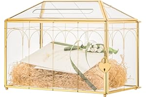 NCYP Gold Glass Cards Box with Slot and Lock for Wedding Reception - 32 x 15 x 23 cm Geometric Vintage Envelops Holder, Party Decor - Slot Length 18.5 CM (Glass Box Only)
