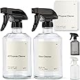 KIVY Glass spray bottle set of 2 with waterproof labels (Clear, Spray Bottle) 16oz Empty Round Bottles with Labels & Adjustable Nozzle for Cleaning - Refillable Sprayer