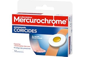 MERCUROCHROME - Pansements Coricides A l'acide salycilique - Boite de 12 pansements - Favorise l'élimination des Cors - Protège contre la Pression Douloureuse due aux Cors