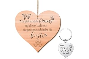 Patelai 2 Stück Beste Oma der Welt Geschenk Set - Herz Holzschild mit Organzasäckchen und Herzförmig Schlüsselanhänger - Großmutter Geschenk für Erntedankfest, Weihnachten, Geburtstag, Muttertag