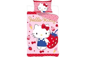 Hello Kitty Flicka Enkelsäng Påslakan 135x200 + Örngott Strawberry | Vändbart sängset