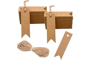 YNKKVRE Lot de 50 petites étiquettes en papier kraft - 7 x 2 cm - Avec 15 m de corde de chanvre - Étiquettes vintage marron fabriquées à la main - Pour cadeaux de mariage et travaux manuels - Emballage cadeau