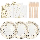 ZblPyro White Gold Disposable Tableware Birthday for 24 People | 23cm disposable plates, napkins, wooden forks, weddings, eng