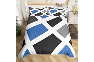 LOUSSIESD Juego de ropa de cama abstracta geométrica para niños, funda de edredón geométrica moderna a rayas para niños, mujeres y hombres, gris y azul, decoración triangular, juego de funda de edredón