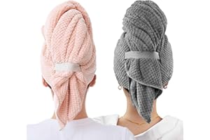 Aiuuee 2 Pzi Asciugamano Microfibra Capelli per Donne, 106 x 63 cm Turbante Asciugacapelli con Fascia Elastica, Asciugare Rapidamente Asciugamani per Capelli Ricci e Lunghi(Grigio+Rosa)